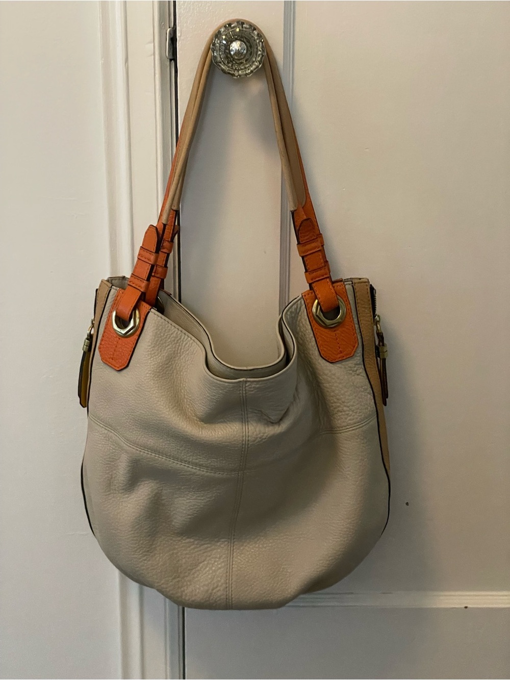 Cream Leather Hobo Bag with Orange Accent Straps